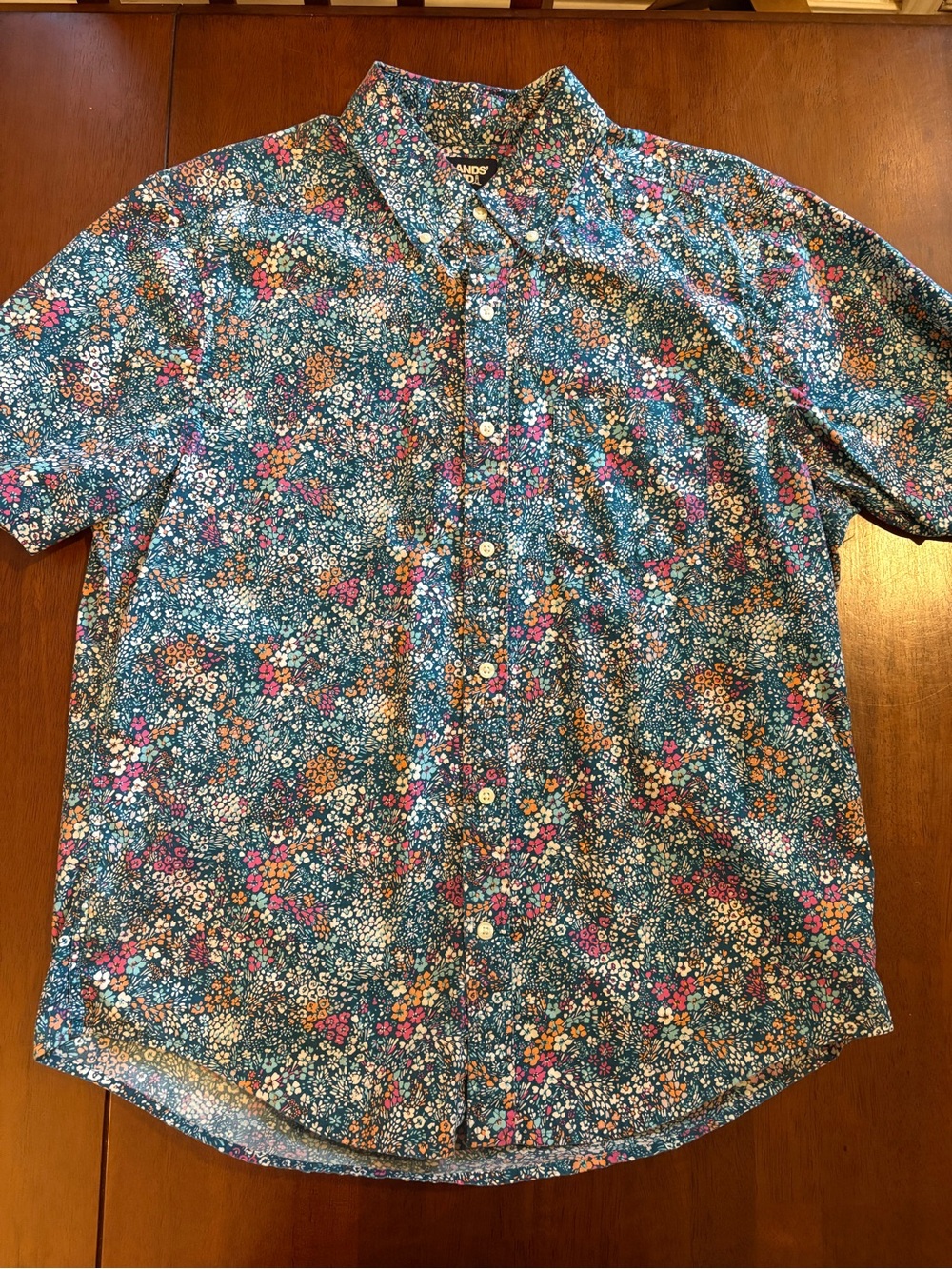 Lands' End Short-Sleeve Floral Button-Down Shirt - Teal Multi